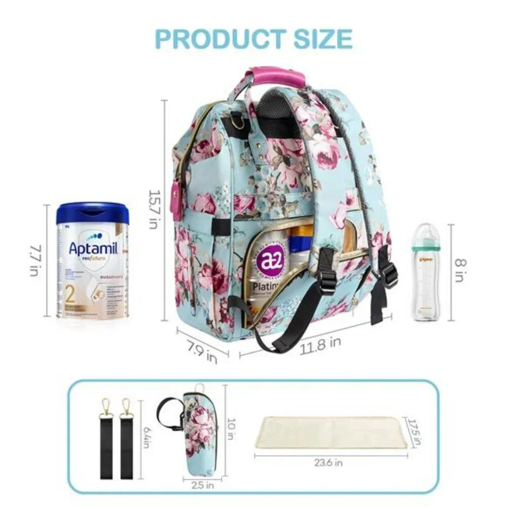 Large floral diaper bag backpack waterproof maternity travel baby bag with pad